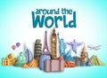 Travel around the world vector banner design with travel destinations and famous tourist landmarks