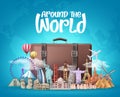 Travel around the world vector design. Travelling suitcase bag and famous landmarks around the world Royalty Free Stock Photo