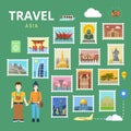 Travel Asia China Japan India flat vector tourism template