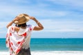 Travel asia woman with hat and dress on sea Royalty Free Stock Photo