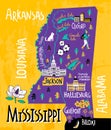 Illustrated map of Mississippi state, USA.