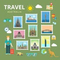 Travel Australia New Zealand flat vector tourism landmark Royalty Free Stock Photo