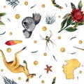 Travel Australia watercolor seamless pattern with decorative elements continent, eucalyptus, craspedia, boomerang, koala