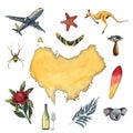 Travel Australia watercolor set with decorative elements airplane, continent, eucalyptus, boomerang, koala, kangaroo