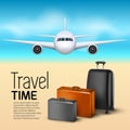 Travel background with airplane and suitcases. World travel banner flyer design. Vacation concept