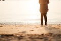 Travel background beautiful young women stand alone beach with s Royalty Free Stock Photo