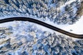 Travel background. Black road in white forest covered with snow. Aerial drone view. Royalty Free Stock Photo