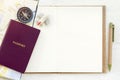 Travel background concept. Passport with plane and compass put o Royalty Free Stock Photo