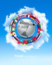 Travel background. Globe with a plane and a circle of flags Royalty Free Stock Photo