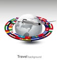 Travel background. Globe with a plane and a strip of flags. Royalty Free Stock Photo