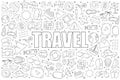 Travel background from line icon. Linear vector pattern. Royalty Free Stock Photo