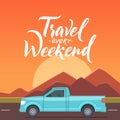 Travel background off road car on cartoon landscape. vector concept background for travelers Royalty Free Stock Photo