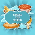 Travel background with retro air transport. Vintage aerostat airship, blimp and plain in cloudy sky