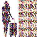 Travel background with a woman holding a trolley luggage