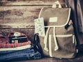 Travel backpack, clothing, map, filmstrip and retro film camera Royalty Free Stock Photo