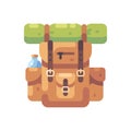 Travel backpack flat icon. Tourist bag with a bottle of water