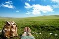 Travel backpack on grass