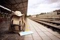 Travel backpack, hat, Traveler map near railway at the train station. Vintage Travel concept. background railroad Royalty Free Stock Photo