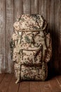 Travel backpack khaki color on a wooden background