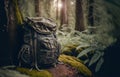 Travel backpack or old military hunting bag on the forest floor.