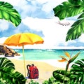 Travel backpack under umbrella on paradise island with palm trees, flying airplane on sky, summer time, vacation and