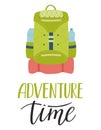 A travel backpack with a water bottle and pockets. A handwritten phrase - Adventure time. A card with a symbol of hiking