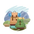 Travel backpacks with sleeping bags over over landscape and white background