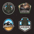 Travel badges and stickers with hike themed design elemets