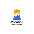 Travel bag icon incorporated with sea, sky, sun and bird. Royalty Free Stock Photo