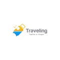 Travel bag icon incorporated with sea, sky, sun and bird. Royalty Free Stock Photo