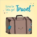 Travel bag illustration hand drawn style. Retro suitcase illustration. Picture of travelling bag with stickers. Graphic suitcase d