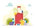 Travel bag with many items vector. Journey suitcase