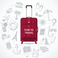 Travel bag with the set of tourism, journey, summer vacation doodle icons. Time to travel concept illustration