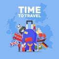 Travel bag with the set of tourism, journey, trip, tour or summer vacation icons vector illustration.