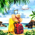 Travel bag with straw hat and backpack on paradise island with palm trees, flying airplane on sky, summer time, vacation Royalty Free Stock Photo