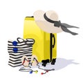 Travel bag, stripe bag, straw hat, blue sunglasses and sandals on beach. Vector illustration