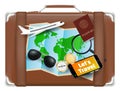 Travel bag with world map sunglasses compass passport plane smartphone