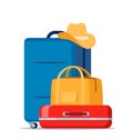 Travel bags composition. Suitcase and backpack. Tourist case, journey and adventure baggage. Travelers luggage. Vector