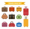 Travel bags icon set, flat style, isolated on a white background. Collection different suitcases, luggage. Vector