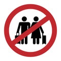 Travel ban icon. Man and woman with suitcase for travel closed sign. Restriction, prohibition on movement. Adventure with luggage