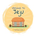 Travel banner with asian village old house and welcome to jeju inscription. Traditional korean house