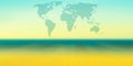 Blurred banner with world map on the background of sky, ocean and beach. Vector Royalty Free Stock Photo