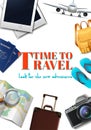 Travel banner. 3d realistic luggage, plane, backpack, map, camera, summer travel tourist concept flyer