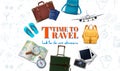 Travel banner. 3d realistic luggage, plane, backpack, map, camera, summer travel tourist concept flyer