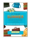 Travel banner. 3d realistic luggage, summer travel tourist concept flyer