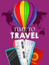 Travel banner design. Vacation business trip offer concept. Vector tourist illustration with passport, ticket, airballon Travel ba Royalty Free Stock Photo