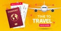 Travel banner design. Vacation trip offer concept. Vector tourist illustration with passport, ticket, airplane. Travel background