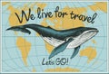 Travel banner with hand-drawn whale and world map Royalty Free Stock Photo