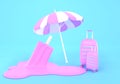 Travel banner. Suitcases and melting ice cream under striped beach umbrella. Pink popsicle fallen upside down, puddle of