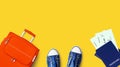Travel banner, summer holidays, vacation concept, tourism, orange suitcase, blue passport, airplane boarding pass, flight ticket Royalty Free Stock Photo